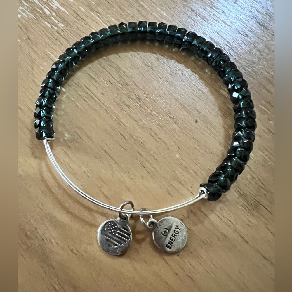 Alex and Ani black faceted beaded adjustable bracelet silver tone.